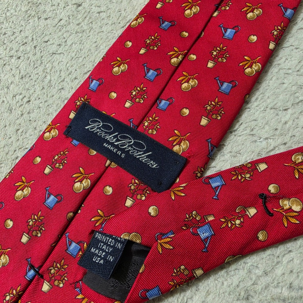 Brooks Brothers Tie Mens OS Red Silk Garden Watering Can Potted Plant Italy USA